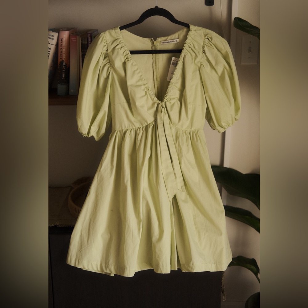 Abercrombie & Fitch Cinch-Front Green Puff Sleeve Poplin Mini Dress